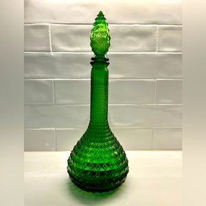 Vintage Empoli Style Green Glass Genie Decanter Bottle Diamond Cut W/ Stopper